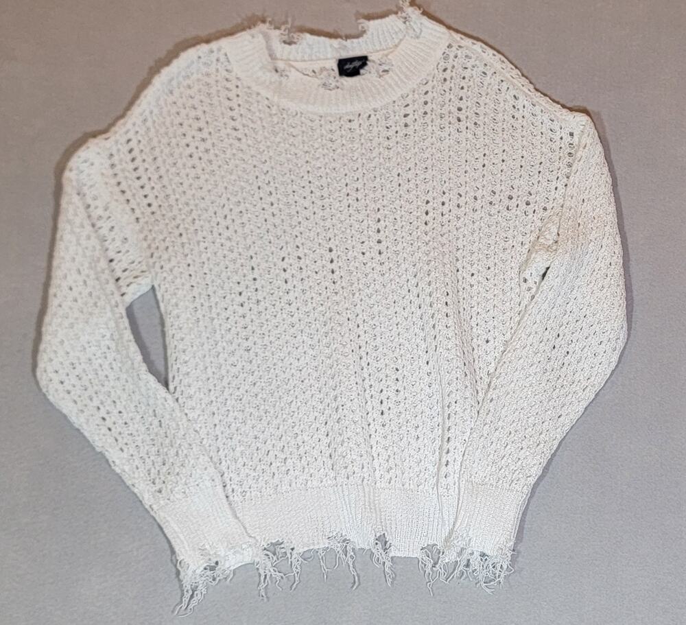 Daytrip White Open Knit Distressed Cropped Sweater S